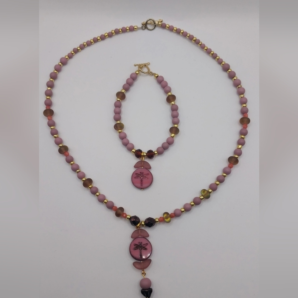 Pink and Gold Beaded Necklace and Bracelet Set
